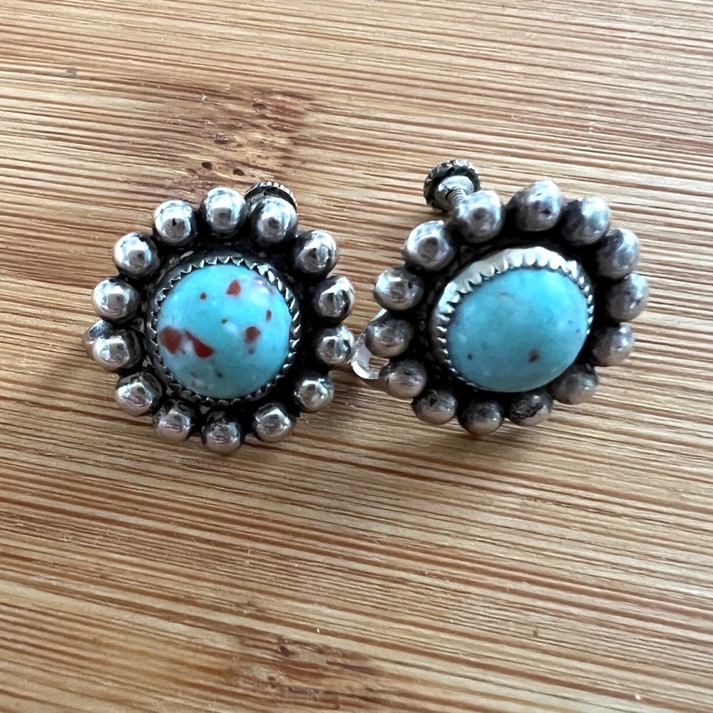 Vintage Turquoise Screw Back Earrings Silver Bead Southwestern Cluster Studs